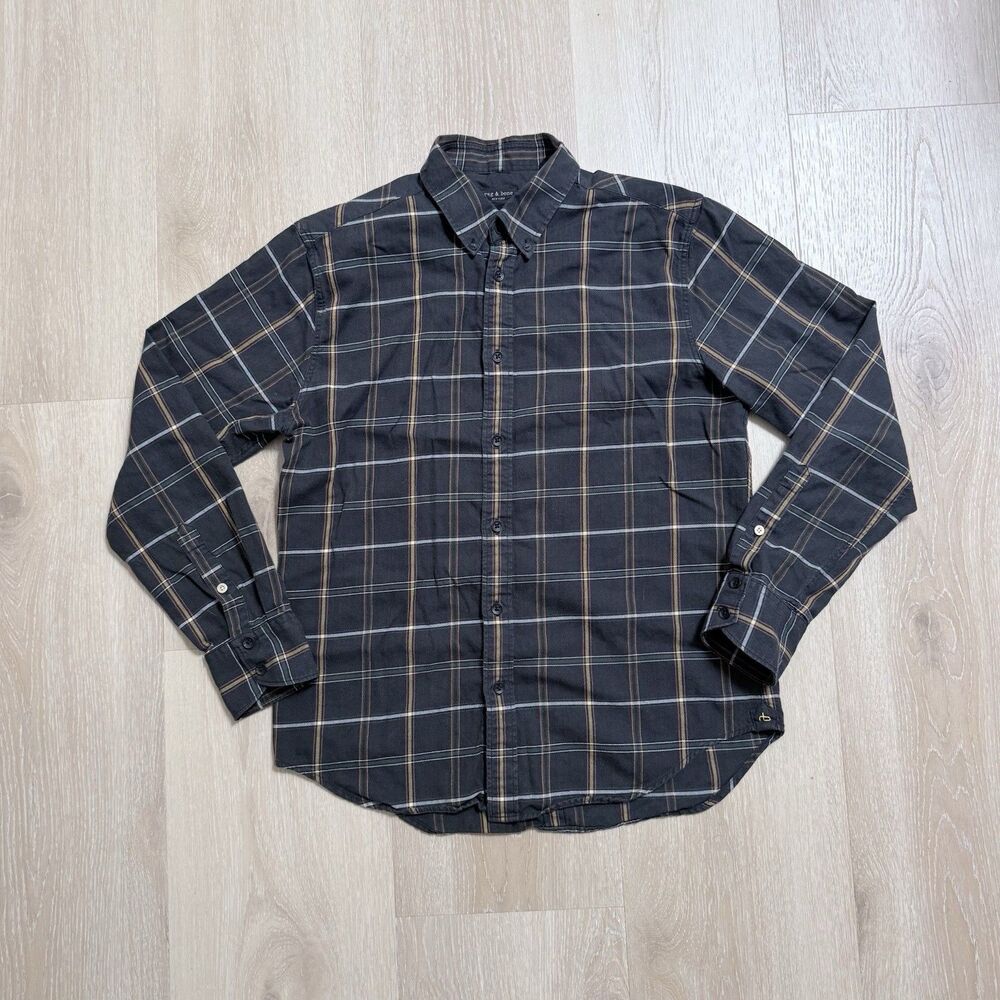 RAG & BONE Fit 2 Wool Blend Flannel Shirt Sz M Black Yellow Plaid Grunge Preppy